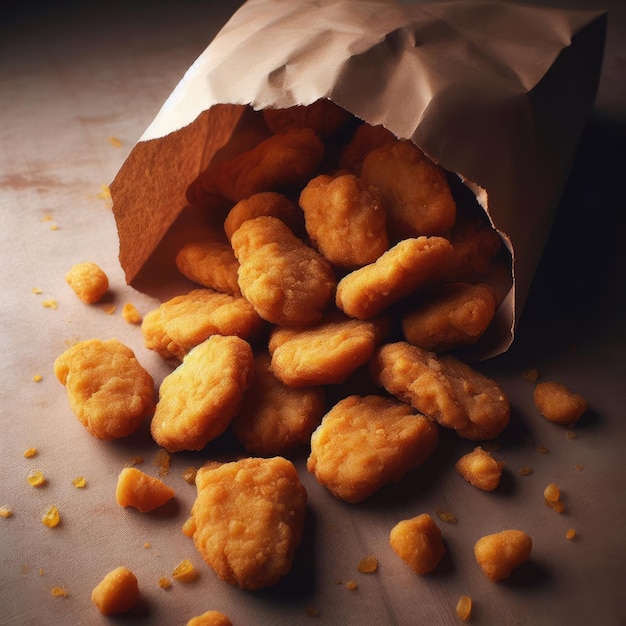 Photo des nuggets de poulet sur un sac en papier sur une table en bois