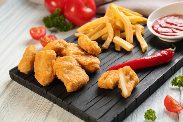 Nuggets savoureux frites et petit bol avec sauce pour poulet sur planche de bois