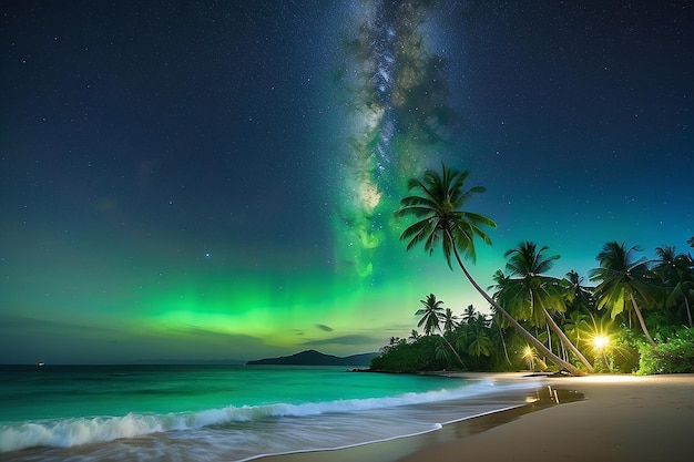 La nuit au bord de la mer, cocotier vert, pelouse, plage, galaxie étoilée.