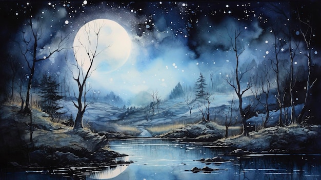 Nuit au clair de lune aquarelle