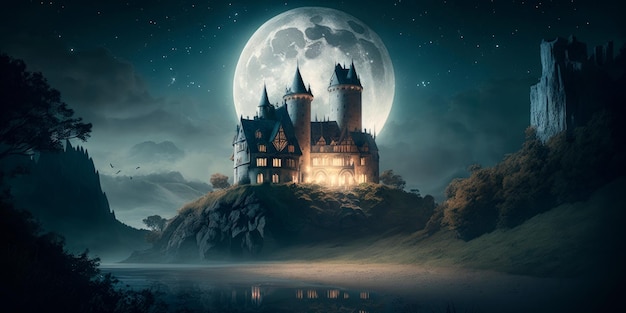 Nuit au clair de lune avec un château mystérieux au loin Generative AI