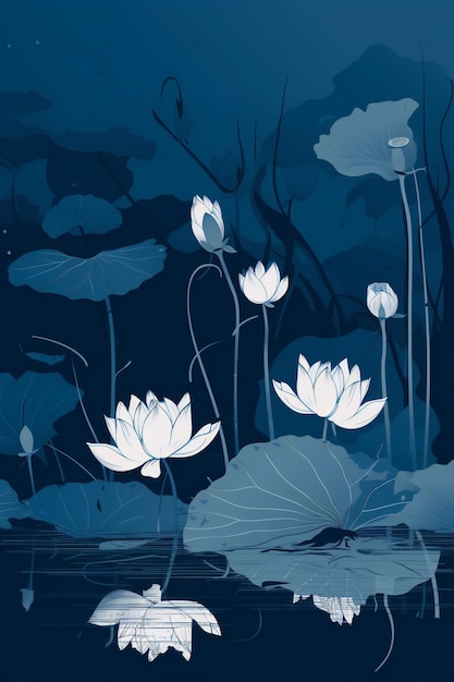 Une nuit bleue avec des fleurs et des feuilles de lotus