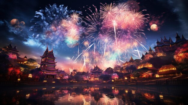 La nuit capture la beauté de la ville à l'atmosphère du Nouvel An chinois feu de travail au ciel et la lumière des lanternes