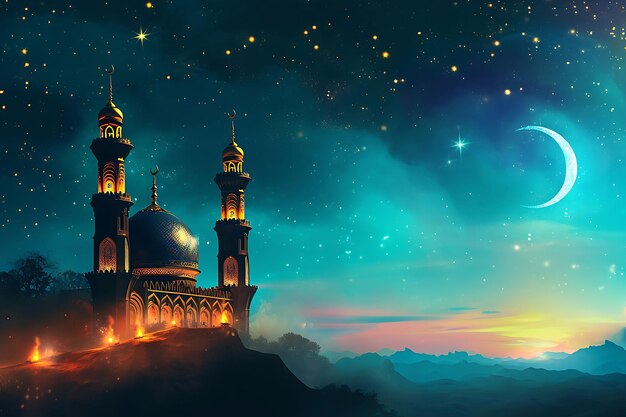 La nuit de la célébration du Ramadan Kareem un beau fond avec une lanterne suspendue lumineuse