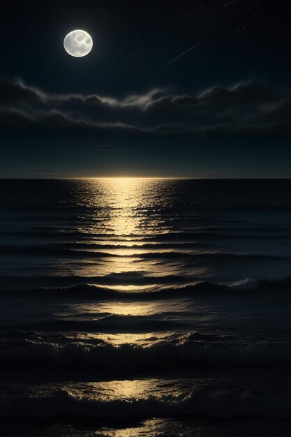 Photo nuit ciel étoilé clair de lune brillant sur l'eau de mer pensées solitaires fond d'écran bannière