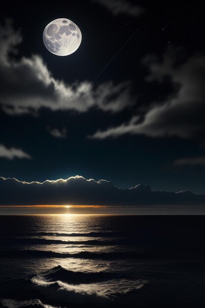 Nuit ciel étoilé clair de lune brillant sur l'eau de mer pensées solitaires fond d'écran bannière