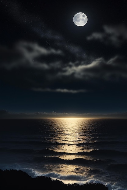Photo nuit ciel étoilé clair de lune brillant sur l'eau de mer pensées solitaires fond d'écran bannière
