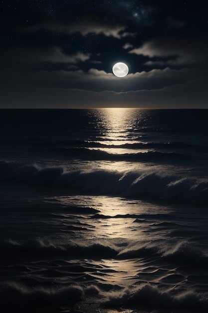 Nuit ciel étoilé clair de lune brillant sur l'eau de mer pensées solitaires fond d'écran bannière