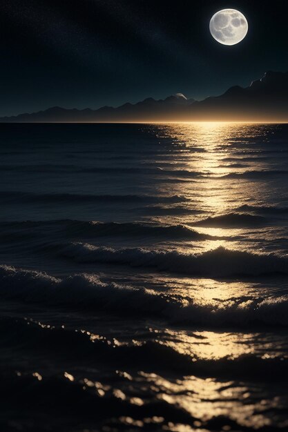 Photo nuit ciel étoilé clair de lune brillant sur l'eau de mer pensées solitaires fond d'écran bannière