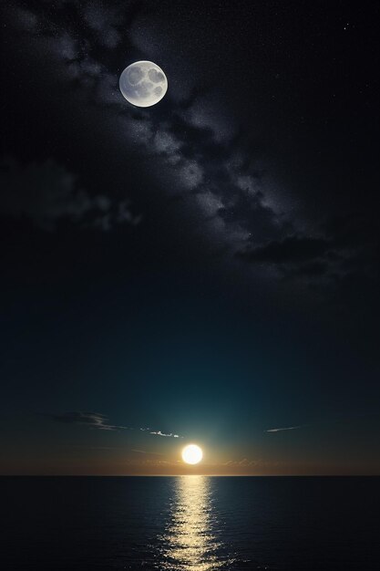 Nuit ciel étoilé clair de lune brillant sur l'eau de mer pensées solitaires fond d'écran bannière