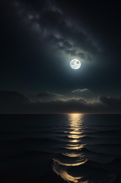 Nuit ciel étoilé clair de lune brillant sur l'eau de mer pensées solitaires fond d'écran bannière