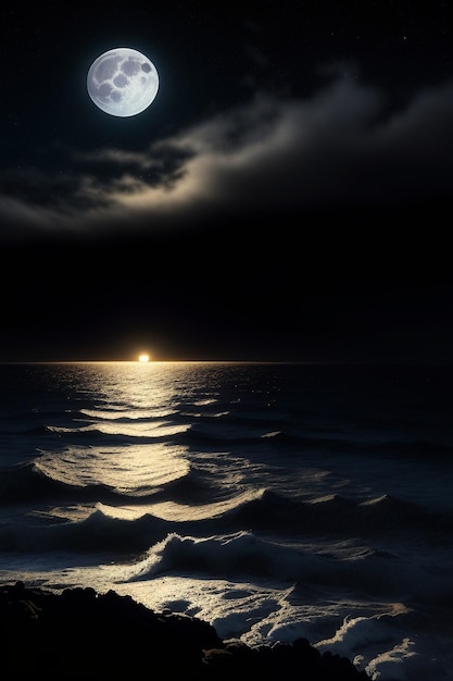 Nuit ciel étoilé clair de lune brillant sur l'eau de mer pensées solitaires fond d'écran bannière