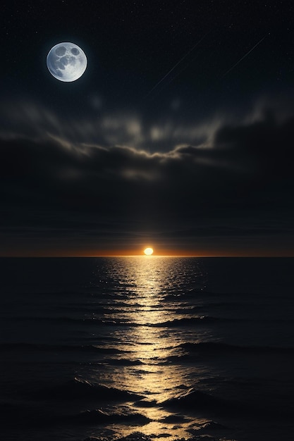 Nuit ciel étoilé clair de lune brillant sur l'eau de mer pensées solitaires fond d'écran bannière