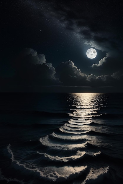 Nuit ciel étoilé clair de lune brillant sur l'eau de mer pensées solitaires fond d'écran bannière