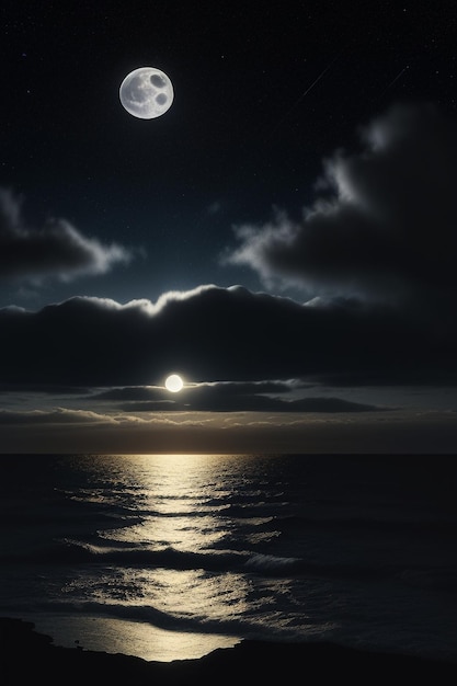 Nuit ciel étoilé clair de lune brillant sur l'eau de mer pensées solitaires fond d'écran bannière