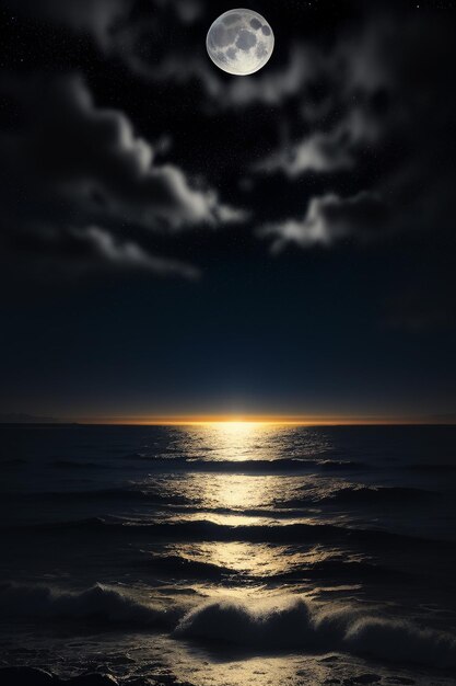 Nuit ciel étoilé clair de lune brillant sur l'eau de mer pensées solitaires fond d'écran bannière