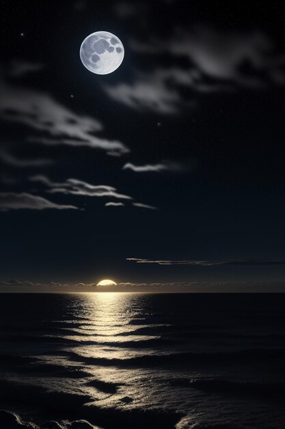 Nuit ciel étoilé clair de lune brillant sur l'eau de mer pensées solitaires fond d'écran bannière