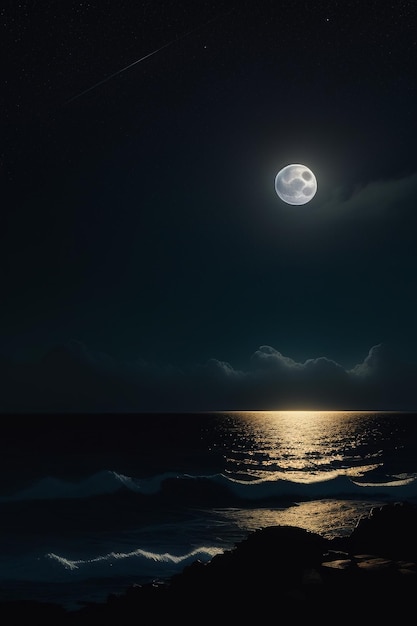 Nuit ciel étoilé clair de lune brillant sur l'eau de mer pensées solitaires fond d'écran bannière