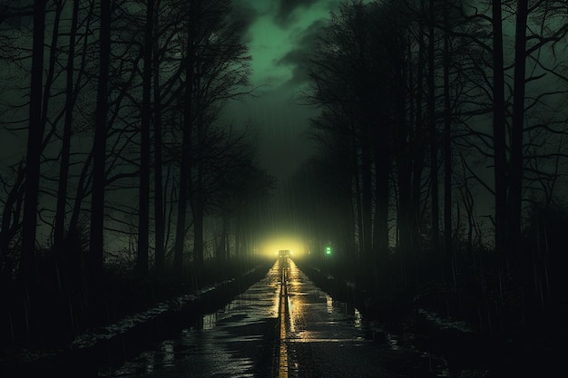 La nuit, conduisez les silhouettes des arbres le long de la route