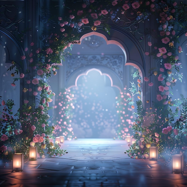 Photo la nuit du ramadan avec un archpastel islamique floral et la lumière de la lune