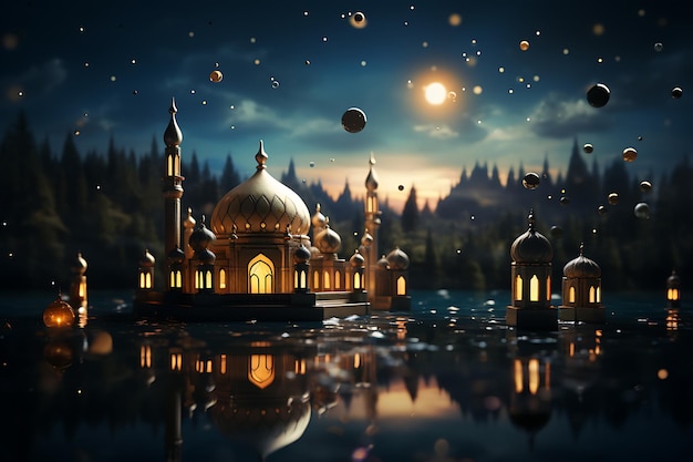 nuit du ramadan Mosquée mignonne et lanterne affichées sur des scènes avec une lumière brillante générée par l'IA