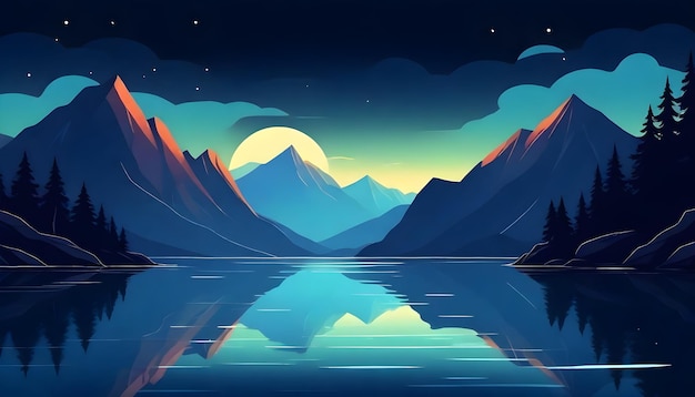 Une nuit enchantée au bord du lac Illustration de paysage surréaliste