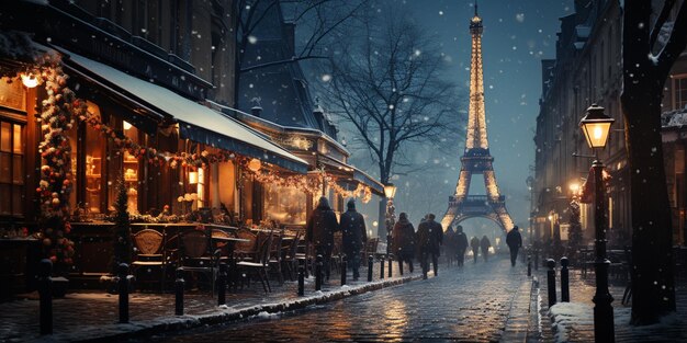 Nuit enneigée à Paris avec la tour Eiffel et les gens qui marchent dans la rue générative ai