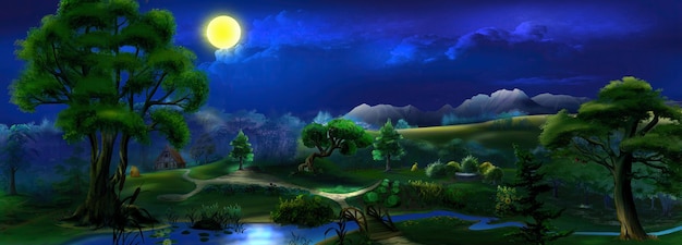 Nuit d'été au clair de lune dans l'illustration du parc