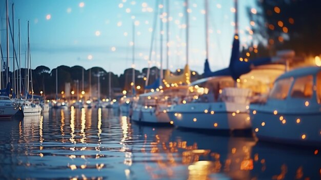 nuit d'été dans le port de plaisance mer floue et réflexion de la lumière de la ville silhouette de personnes se détendre