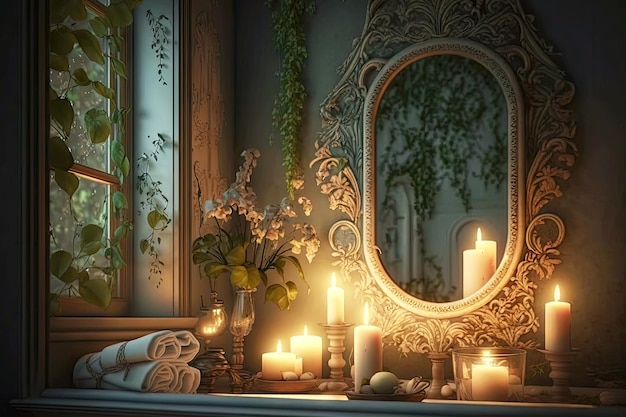 Nuit d'été romantique dans la salle de bain avec bougies et miroir créé avec ai générative