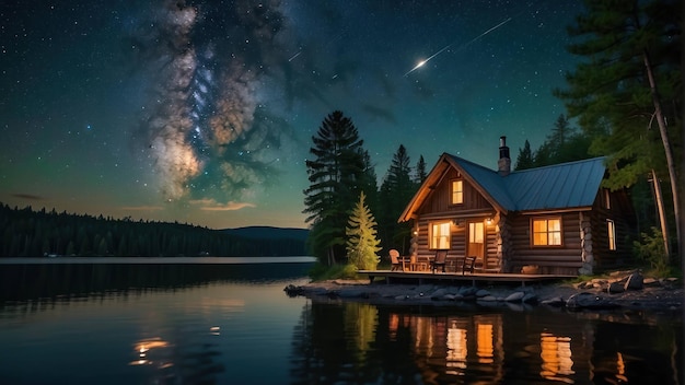 Une nuit étoilée au-dessus d'une cabane isolée sur le lac