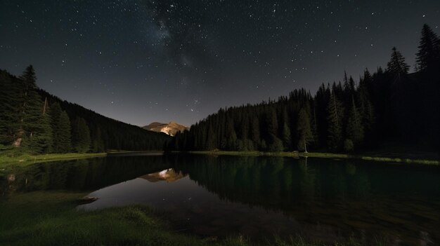 Une nuit étoilée au-dessus d'un lac avec un ciel étoilé et une montagne en arrière-plan.