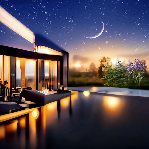 nuit étoilée ciel clair de lune resort hôtel coucher de soleil réflexion de la lumière, paysage avec hôtel sur la mer