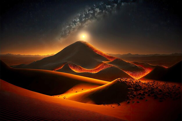 Nuit étoilée sur des collines de sable désertes au soleil