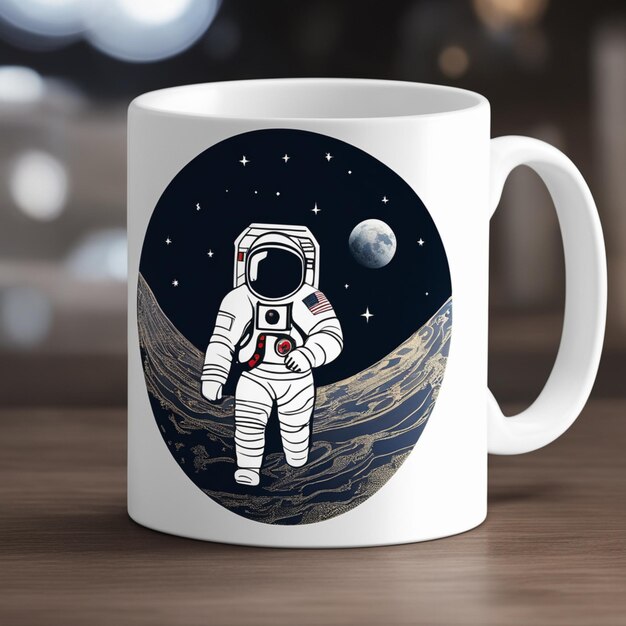 Nuit étoilée avec un croissant de lune et un astronaute à la dérive Mug