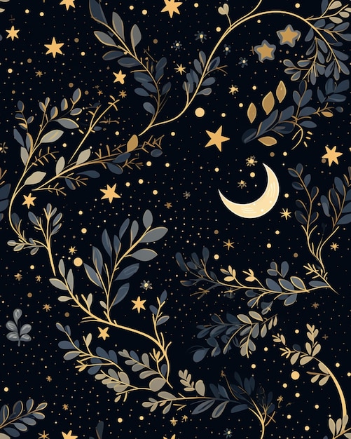 une nuit étoilée avec des étoiles dorées et un croissant sur un fond noir.