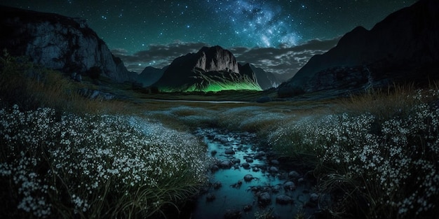 Une nuit étoilée avec une montagne au premier plan