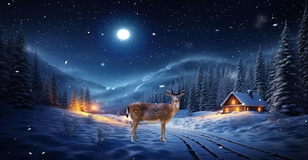 Nuit étoilée pleine lune forêt d'hiver arbres de Noël cabane en bois avec la lumière dans les fenêtres