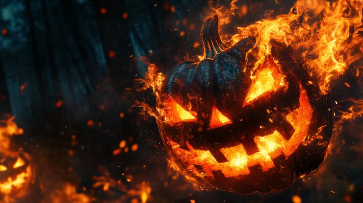 Photo la nuit étrange d'halloween, la citrouille brûlante et la sorcière de l'ombre