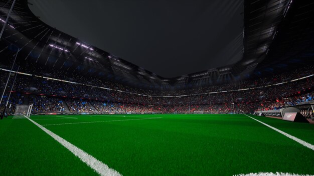 Photo nuit euro stadium arène champ vide foule de fans drapeaux d'équipe bleus et rouges rendu 4k