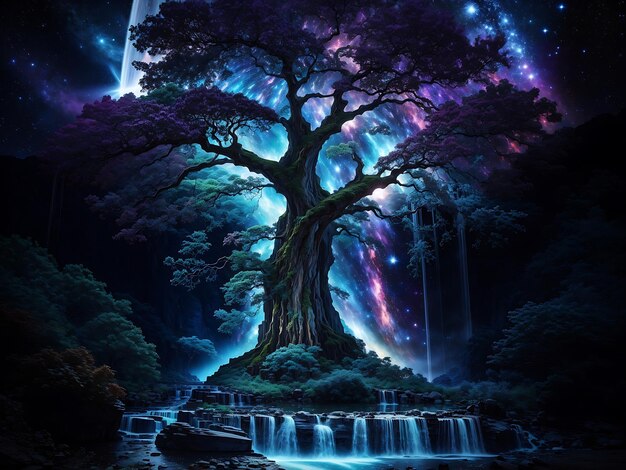 Une nuit de fantaisie futuriste avec un arbre magique