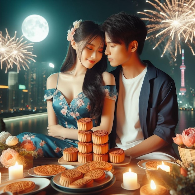 La nuit des feux d'artifice de la fête de la lune, de vraies personnes, une belle fille et un beau garçon.