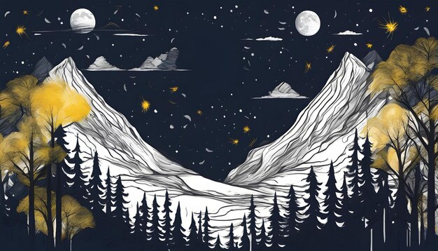 La nuit de la forêt, la lune, les arbres de la montagne, le clair de lune.