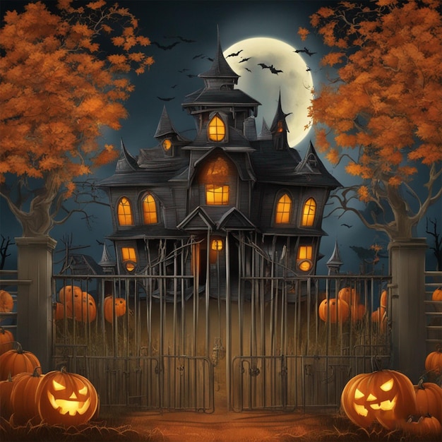 Nuit d'Halloween avec des chauves-souris citrouilles maléfiques et en arrière-plan une photo de château hanté