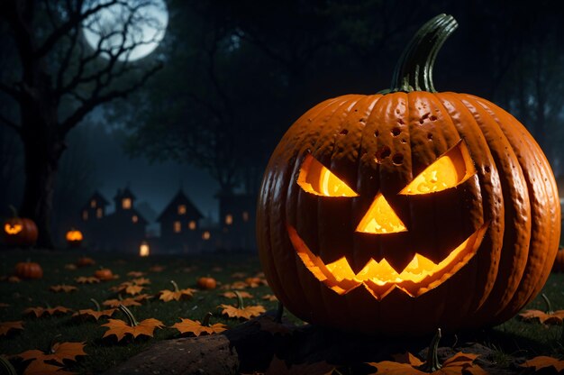 Nuit d'Halloween avec citrouille orange effrayante et fond de maison hantée