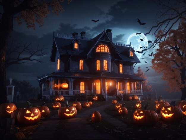 La nuit d'Halloween, des citrouilles brillantes dans la maison des fantômes.