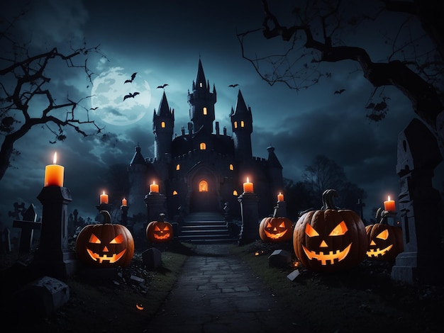 La nuit d'Halloween des citrouilles effrayantes des bougies et un château de cimetière
