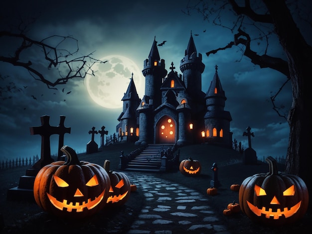 La nuit d'Halloween des citrouilles effrayantes des bougies et un château de cimetière