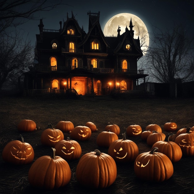 Photo nuit d'halloween effrayante avec pleine lune et silhouettes de maisons hantées avec des citrouilles effrayantes