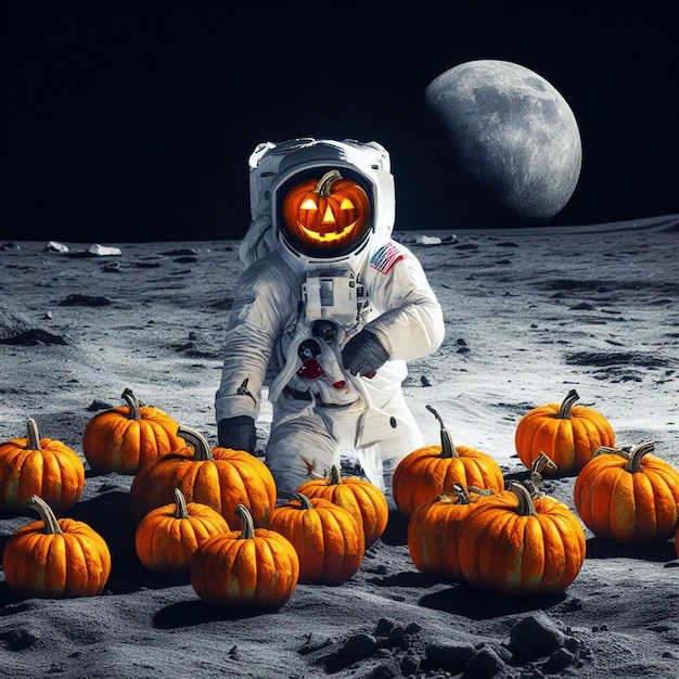 La nuit d'Halloween sur la lune La citrouille d'Helloween sur la Lune Les astronautes avec la citrouille lumineuse